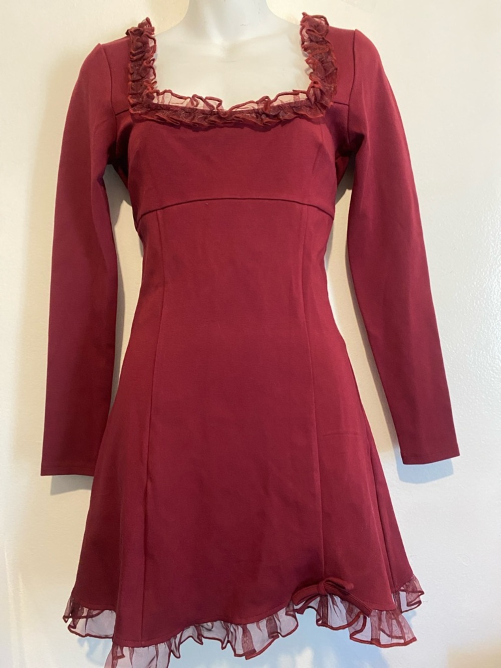FP Movement by Free People Burgundy Square-Neck Ruffle Mini Dress